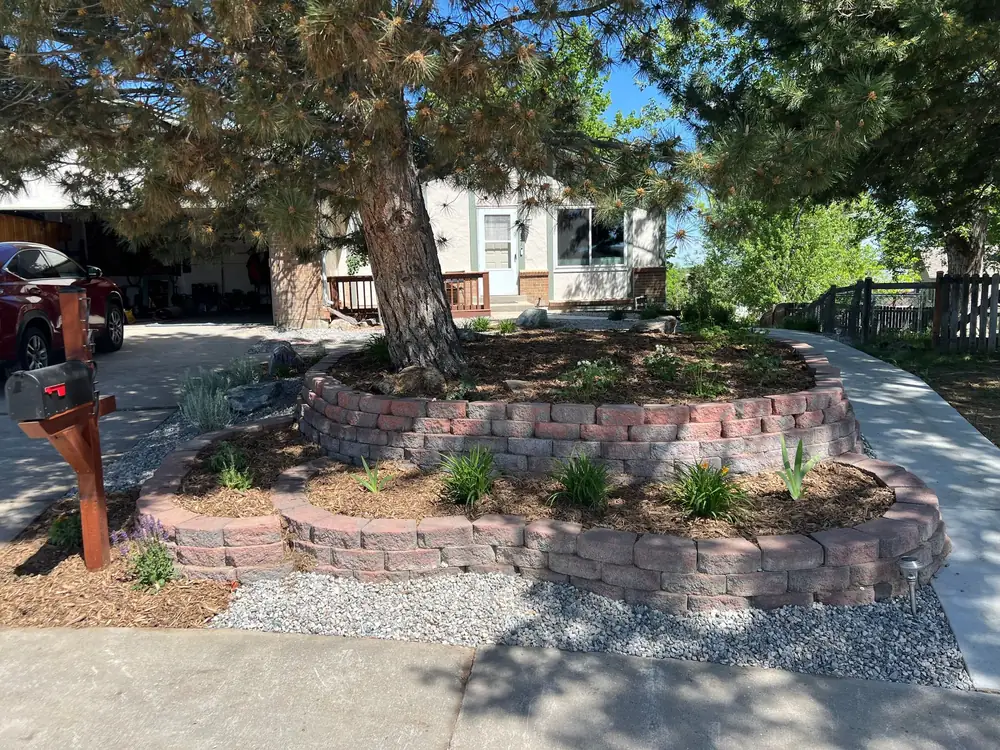 Two-tier block planter built around a mature front-yard tree